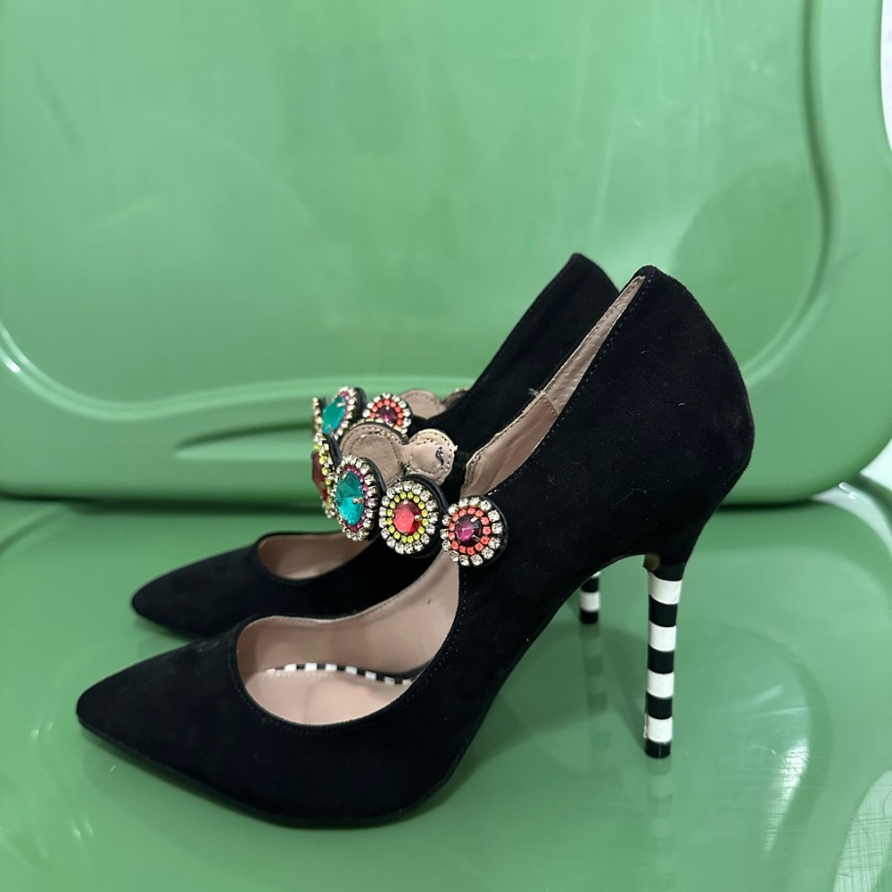 Betsey Johnson Elegant Black Heels with Colorful Embellishments